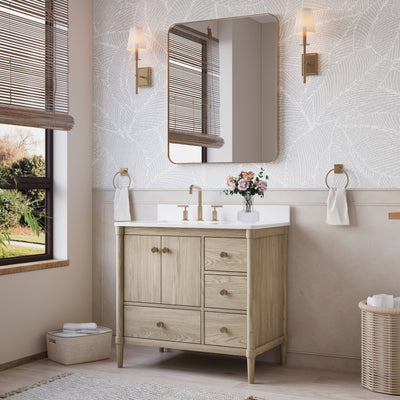 36-Inch Freestanding Oak Bathroom Vanity with White Quartz Top Sink