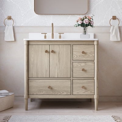 36-Inch Freestanding Oak Bathroom Vanity with White Quartz Top Sink