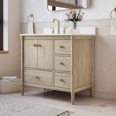 36-Inch Freestanding Oak Bathroom Vanity with White Quartz Top Sink