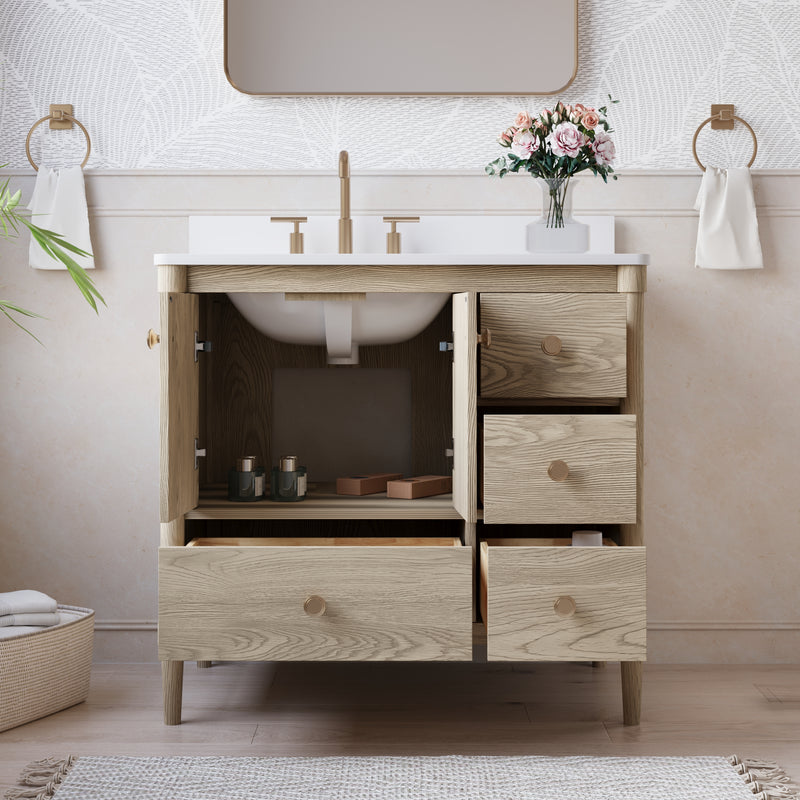 36-Inch Freestanding Oak Bathroom Vanity with White Quartz Top Sink