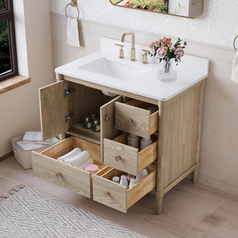 36-Inch Freestanding Oak Bathroom Vanity with White Quartz Top Sink