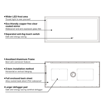 84 in. W x 40 in. H Large Rectangular Framed LED Light Anti-Fog Wall Bathroom Vanity Mirror in Brushed Gold