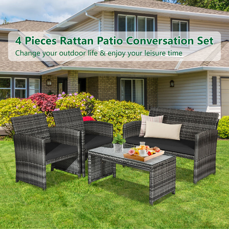 4 Pieces Patio Rattan Furniture Set with Glass Table and Loveseat