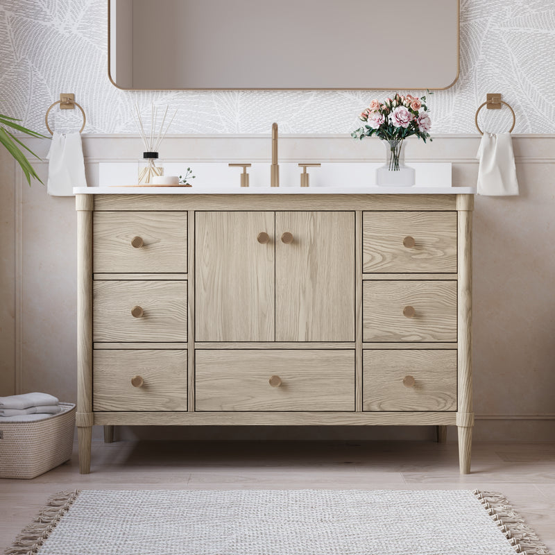 48-Inch Freestanding Oak Bathroom Vanity with White Quartz Top Sink