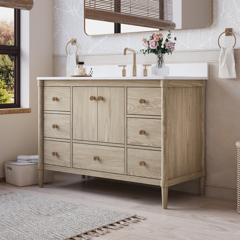 48-Inch Freestanding Oak Bathroom Vanity with White Quartz Top Sink