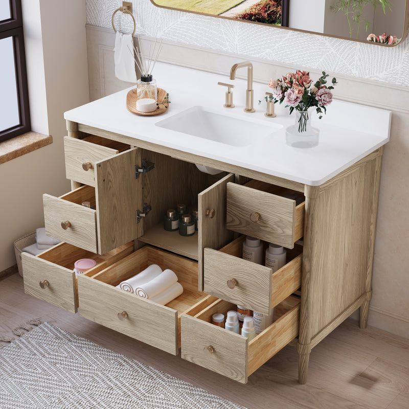 48-Inch Freestanding Oak Bathroom Vanity with White Quartz Top Sink