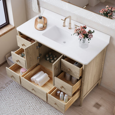 48-Inch Freestanding Oak Bathroom Vanity with White Quartz Top Sink