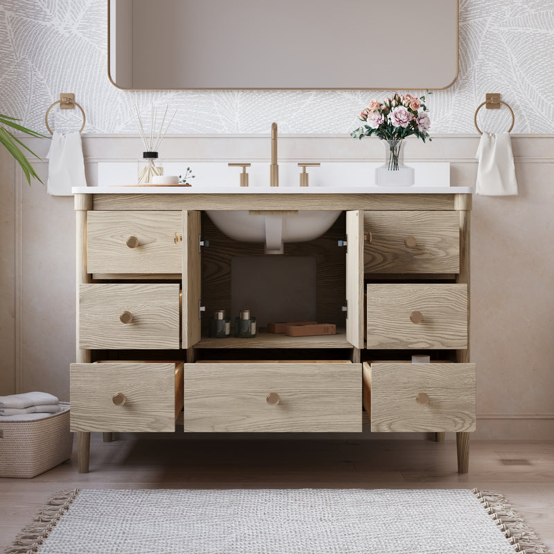 48-Inch Freestanding Oak Bathroom Vanity with White Quartz Top Sink