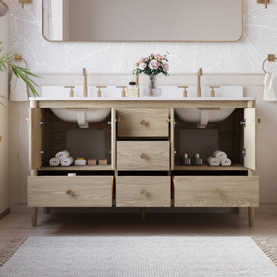 60-Inch Freestanding Oak Bathroom Vanity with White Quartz Top Sinks