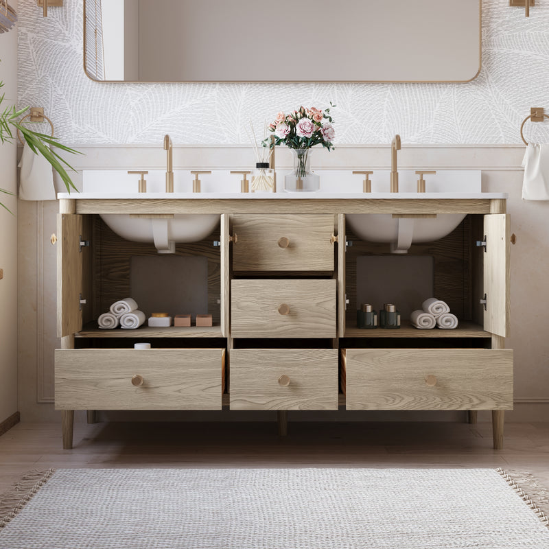 60-Inch Freestanding Oak Bathroom Vanity with White Quartz Top Sinks