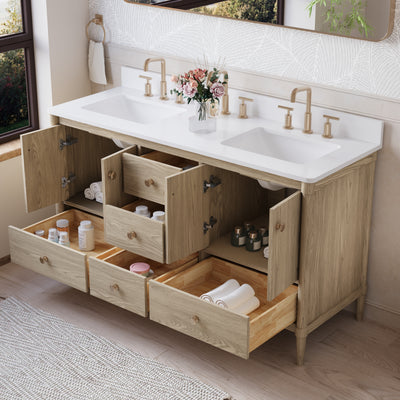 60-Inch Freestanding Oak Bathroom Vanity with White Quartz Top Sinks