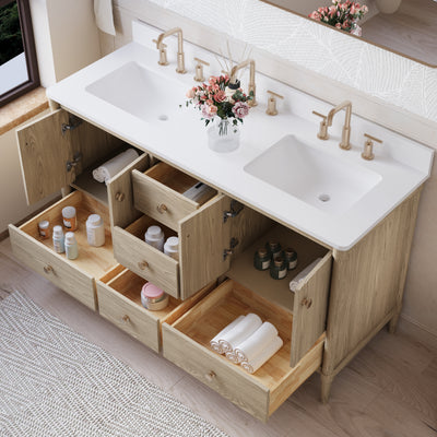 60-Inch Freestanding Oak Bathroom Vanity with White Quartz Top Sinks