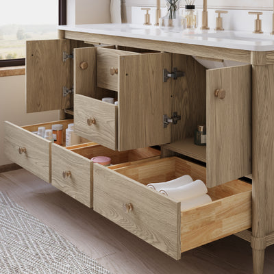 60-Inch Freestanding Oak Bathroom Vanity with White Quartz Top Sinks