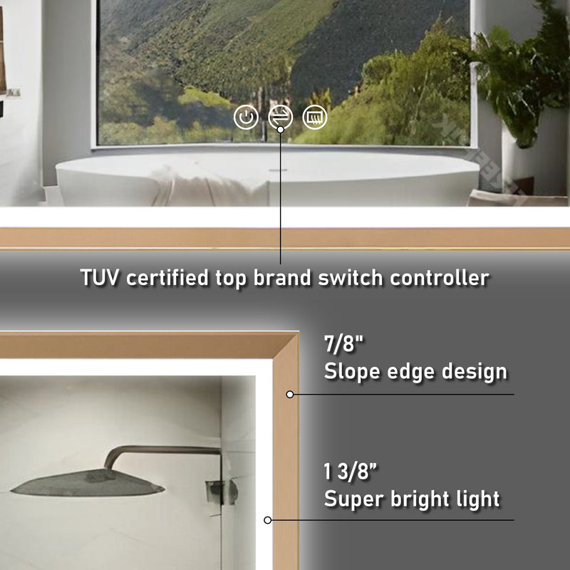 84 in. W x 40 in. H Large Rectangular Framed LED Light Anti-Fog Wall Bathroom Vanity Mirror in Brushed Gold