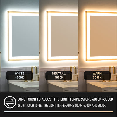 84 in. W x 40 in. H Large Rectangular Framed LED Light Anti-Fog Wall Bathroom Vanity Mirror in Brushed Gold