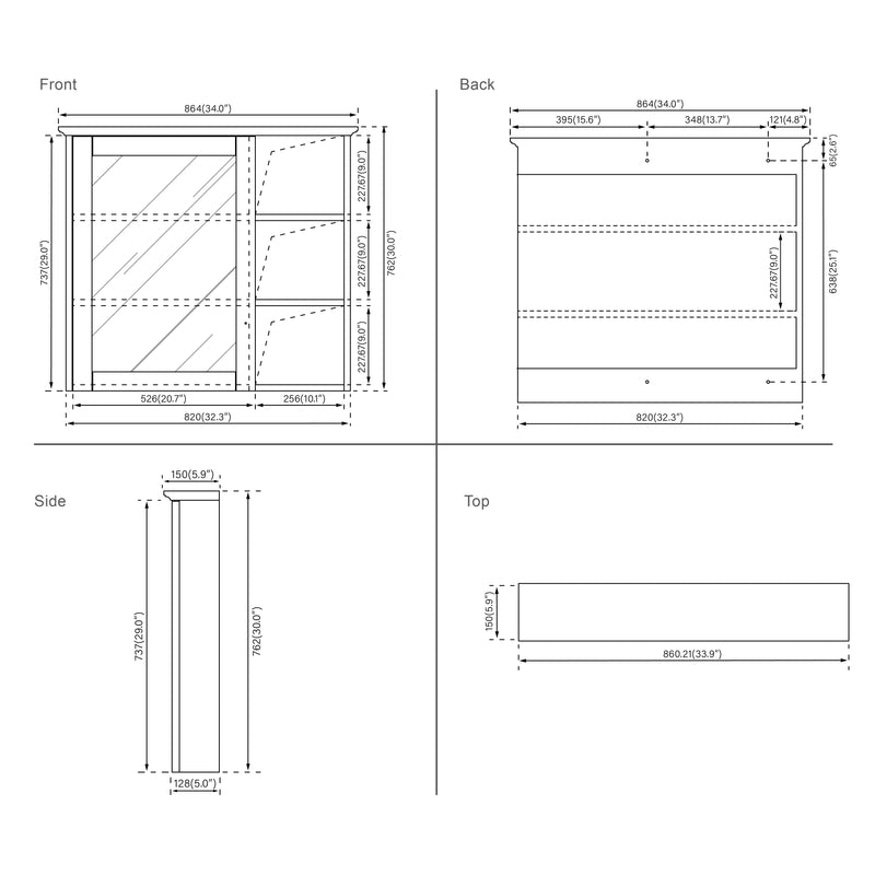 34-in x 30-in Solid Wood Framed Medicine Cabinet with Four Shelvs White