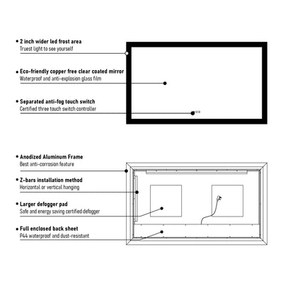 72 in. W x 36 in. H Rectangular Frameless Anti-Fog LED Illuminated Dimmable Wall Mount Premium Bathroom Vanity Mirror