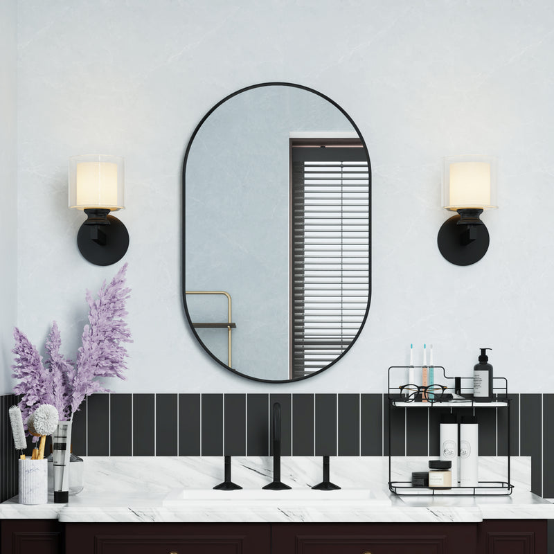 20 in. W x 32 in. H Oval Framed Wall Mount Bathroom Vanity Mirror in Matte Black