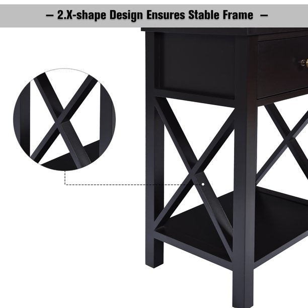 X-Shaped Bedside Storage Nightstand with Drawer and Bottom Shelf