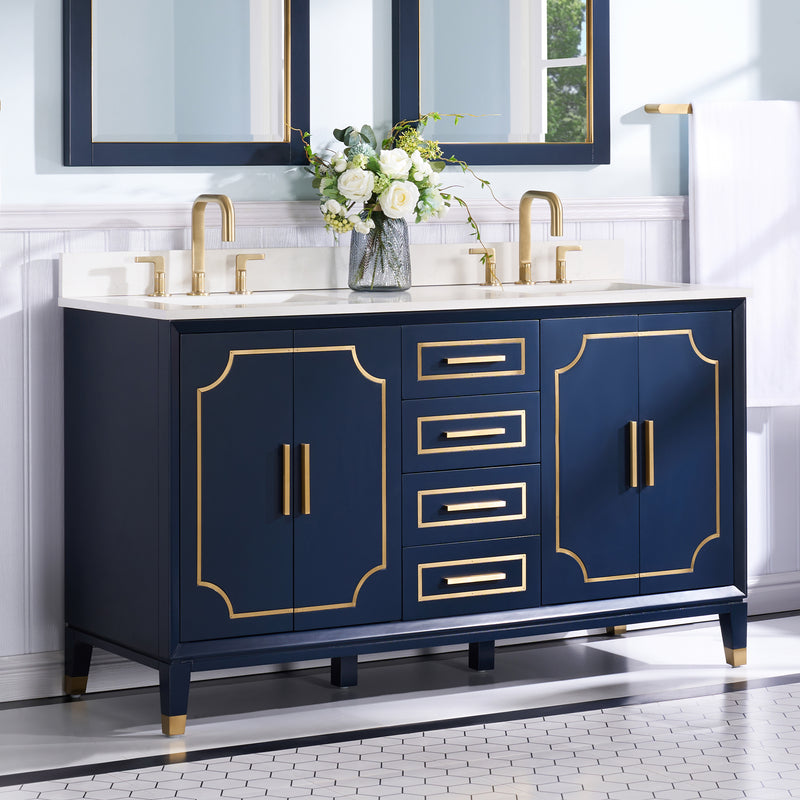 60 in. W x 22 in. D x 35 in. H Freestanding Bathroom Vanity in Navy Blue with Carrara White Quartz Vanity Top