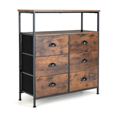 2-Tier Storage Chest with Wooden Top and 6 Fabric Drawers