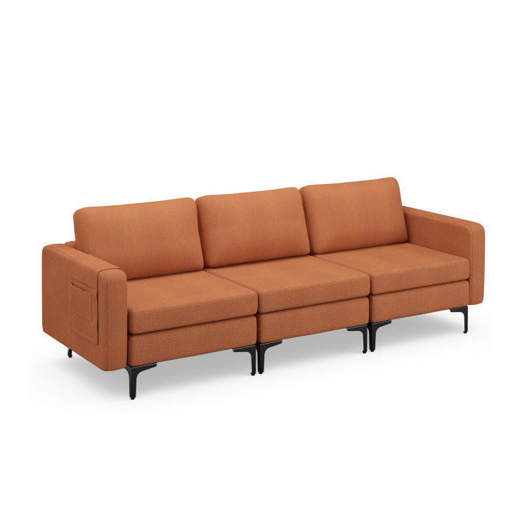 3-Seat Sectional Sofa Couch with Armrest Magazine Pocket and Metal Leg--Orange