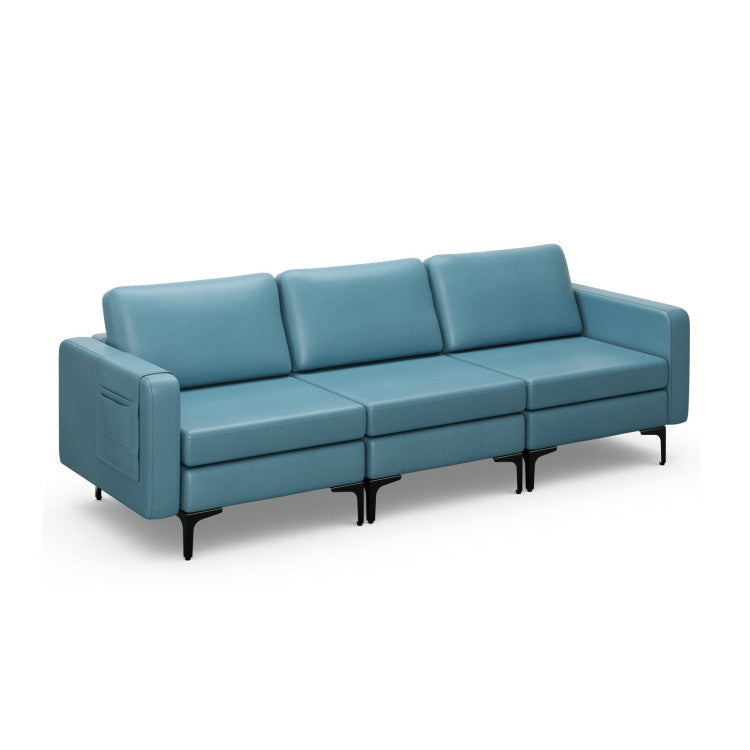 3-Seat Sectional Sofa Couch with Armrest Magazine Pocket and Metal Leg--Blue