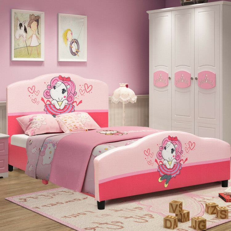 Kids Children Upholstered Platform Toddler Girl Pattern Bed