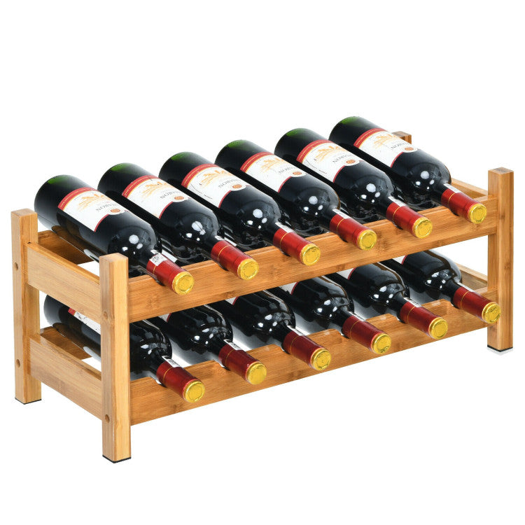 2-Tier Natural 12 Bottles Bamboo Storage Shelf  Wine Rack