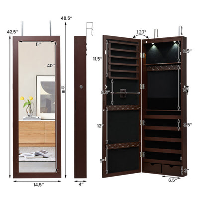 Lockable Wall Mount Mirrored Jewelry Cabinet with LED Lights