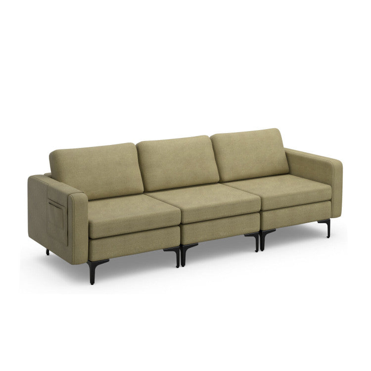 3-Seat Sectional Sofa Couch with Armrest Magazine Pocket and Metal Leg--Green