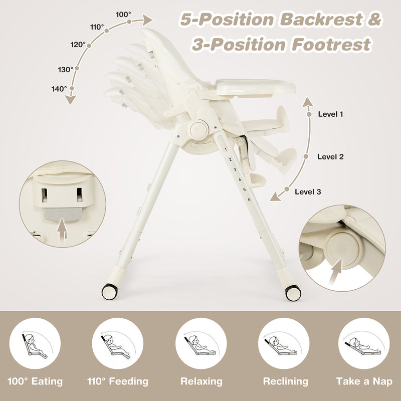 4-in-1 Foldable Baby High Chair Height Adjustable Feeding Chair w/ Wheels Grey