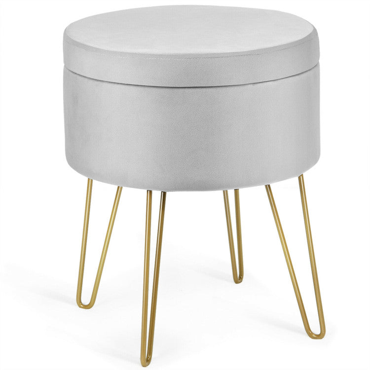 Copy of Round Velvet Storage Ottoman Footrest Stool Vanity Chair with Metal Legs--Gray