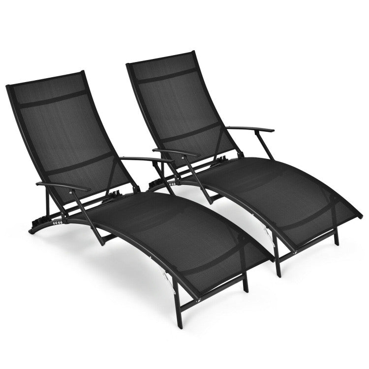 2 Pieces Patio Folding Stackable Lounge Chair Chaise with Armrest