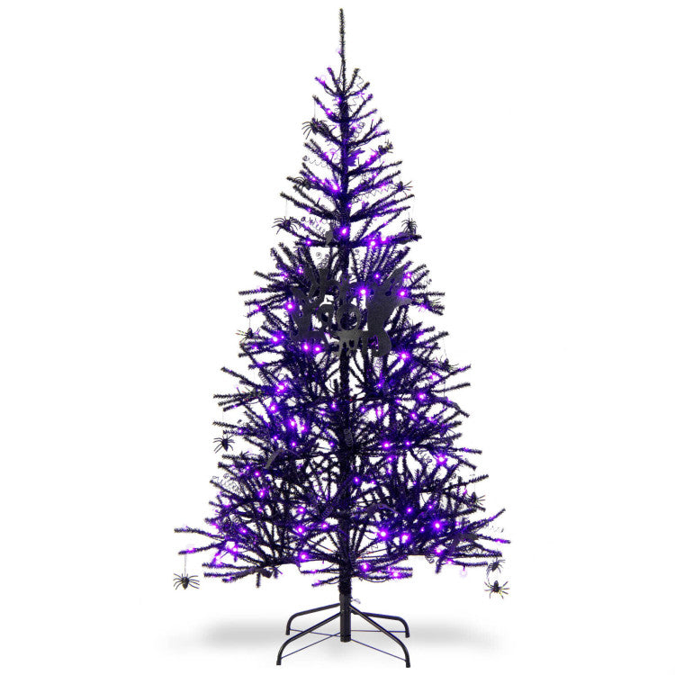 6 Feet Pre-Lit Hinged Halloween Tree with 250 Purple LED Lights and 25 Ornaments