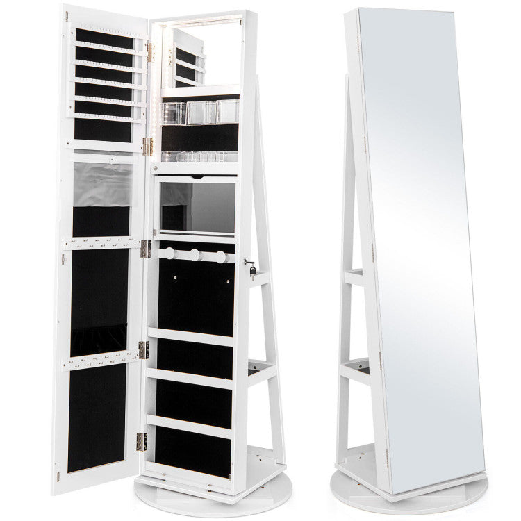 360° Rotating Mirrored Jewelry Cabinet Armoire 3 Color LED Modes Lockable