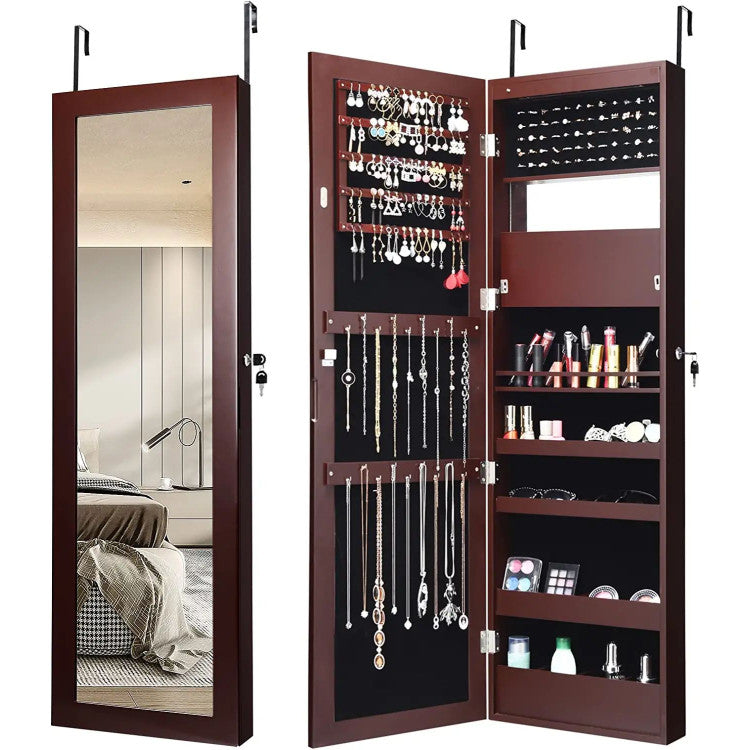 Lockable Wall Door Mounted Mirror Jewelry Cabinet with LED Lights