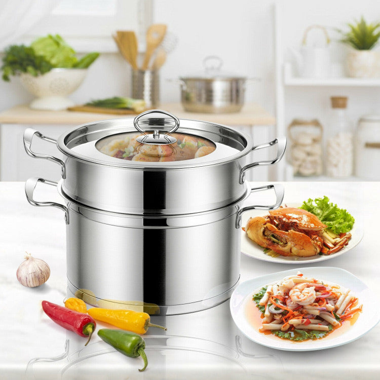 2Tier Stainless Steel Steamer with Handles and Glass Lid