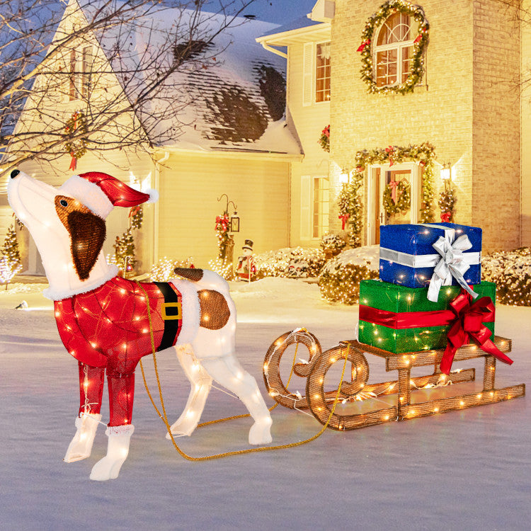 Outdoor Pre-lit Xmas Dog and Sleigh with 170 Warm Bright Lights for Porch