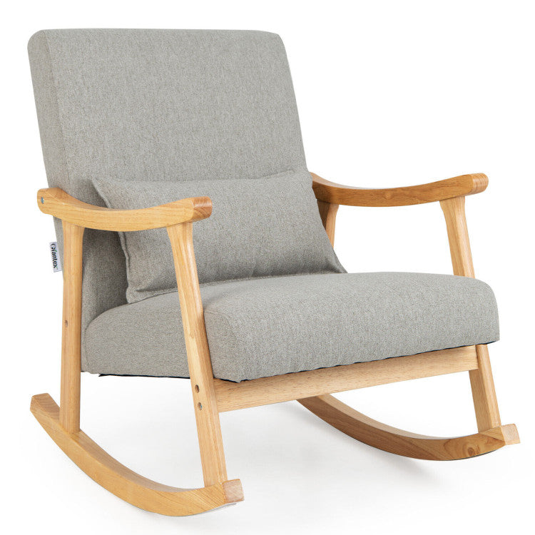 Upholstered Rocking Chair with Pillow and Rubber Wood Frame