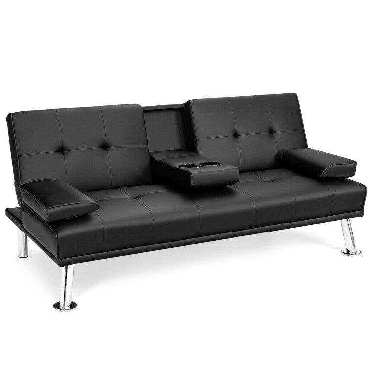 Convertible Folding Leather Futon Sofa with Cup Holders and Armrests--Black