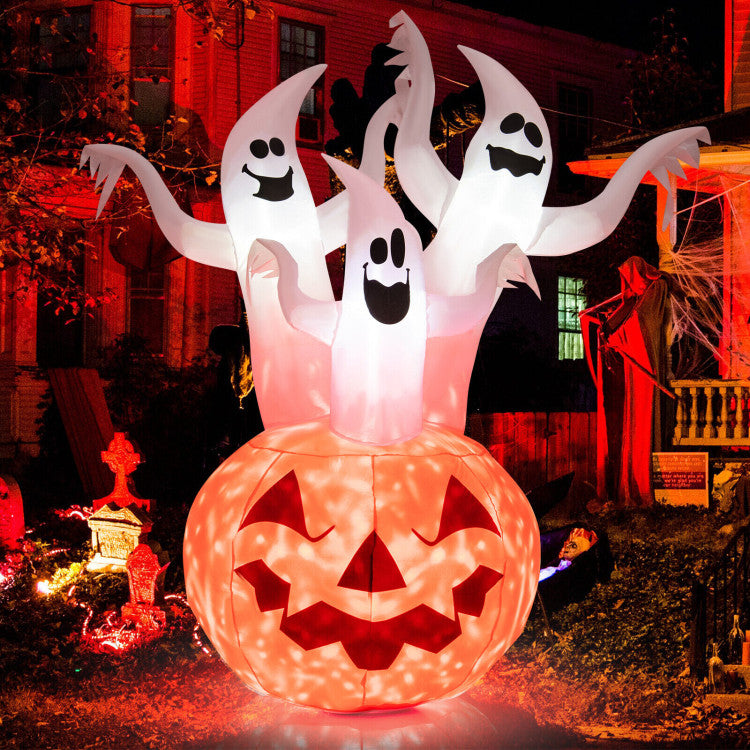 6 Feet Inflatable Halloween Three White Ghosts with Pumpkin Decor and Rotating Lamp