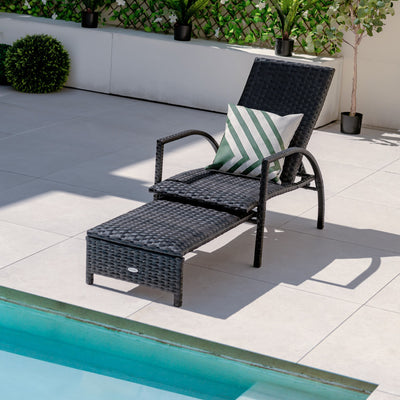 Patio Chaise Lounge Outdoor Rattan Lounge Chair with Retractable Ottoman