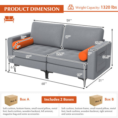 Modern Loveseat Sofa with 2 Bolsters and Side Storage Pocket