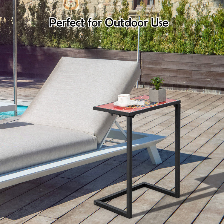 C-shaped Waterproof Outdoor Side End Table with Ceramic Top