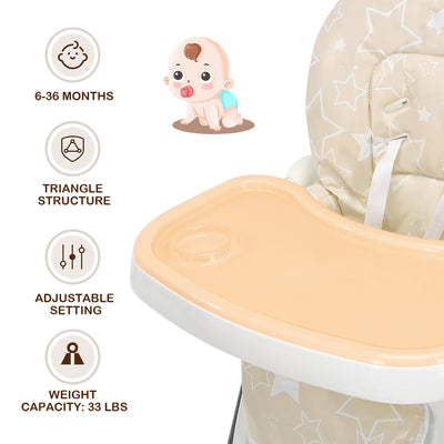 Folding Baby High Chair Dining Chair w/ 6-Level Height Adjustment Beige