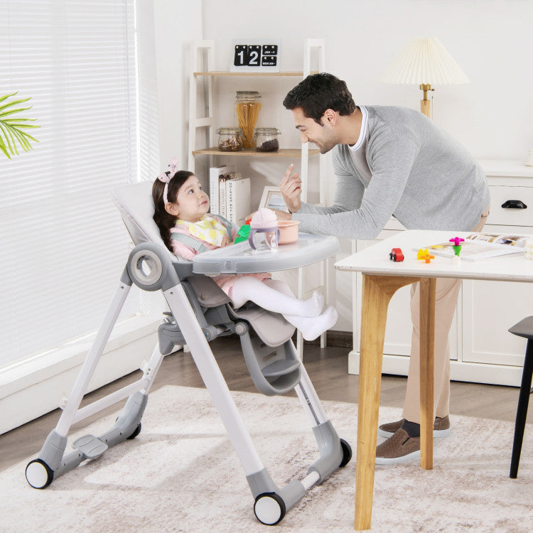 Baby Folding Convertible High Chair with Wheels and Adjustable Height