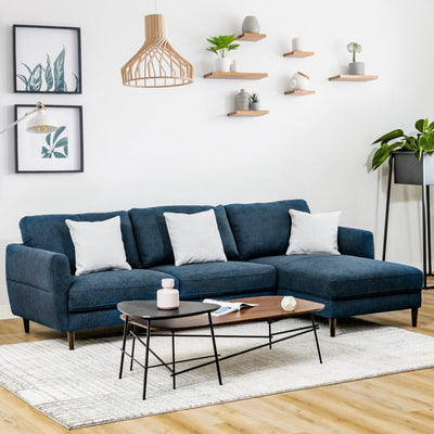 L-Shaped Fabric Sectional Sofa with Chaise Lounge and Solid Wood Legs--Navy Blue