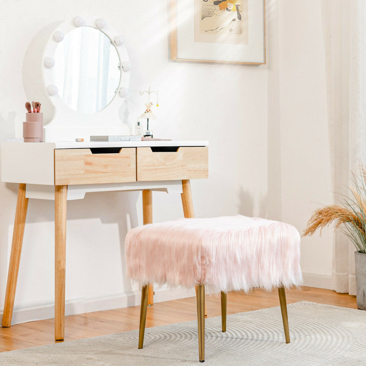 Faux Fur Vanity Stool with Golden Metal Legs for Makeup Room-Pink