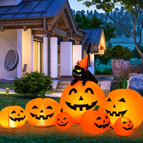 Halloween 7.5 Feet Inflatable Pumpkin Combo with Witch Black Cat